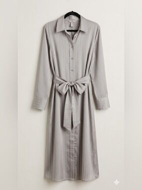 H&M Gray Striped Satin Shirt Dress with Tie Waist